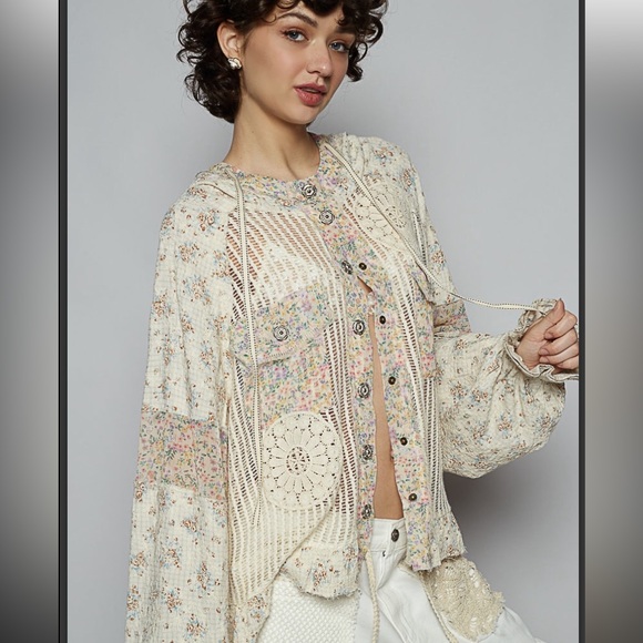 POL Crochet Patch Embroidered Button Up Jacket main image 0